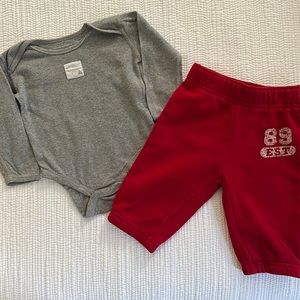 6 month Burt’s Bees shirt and red sweatpants